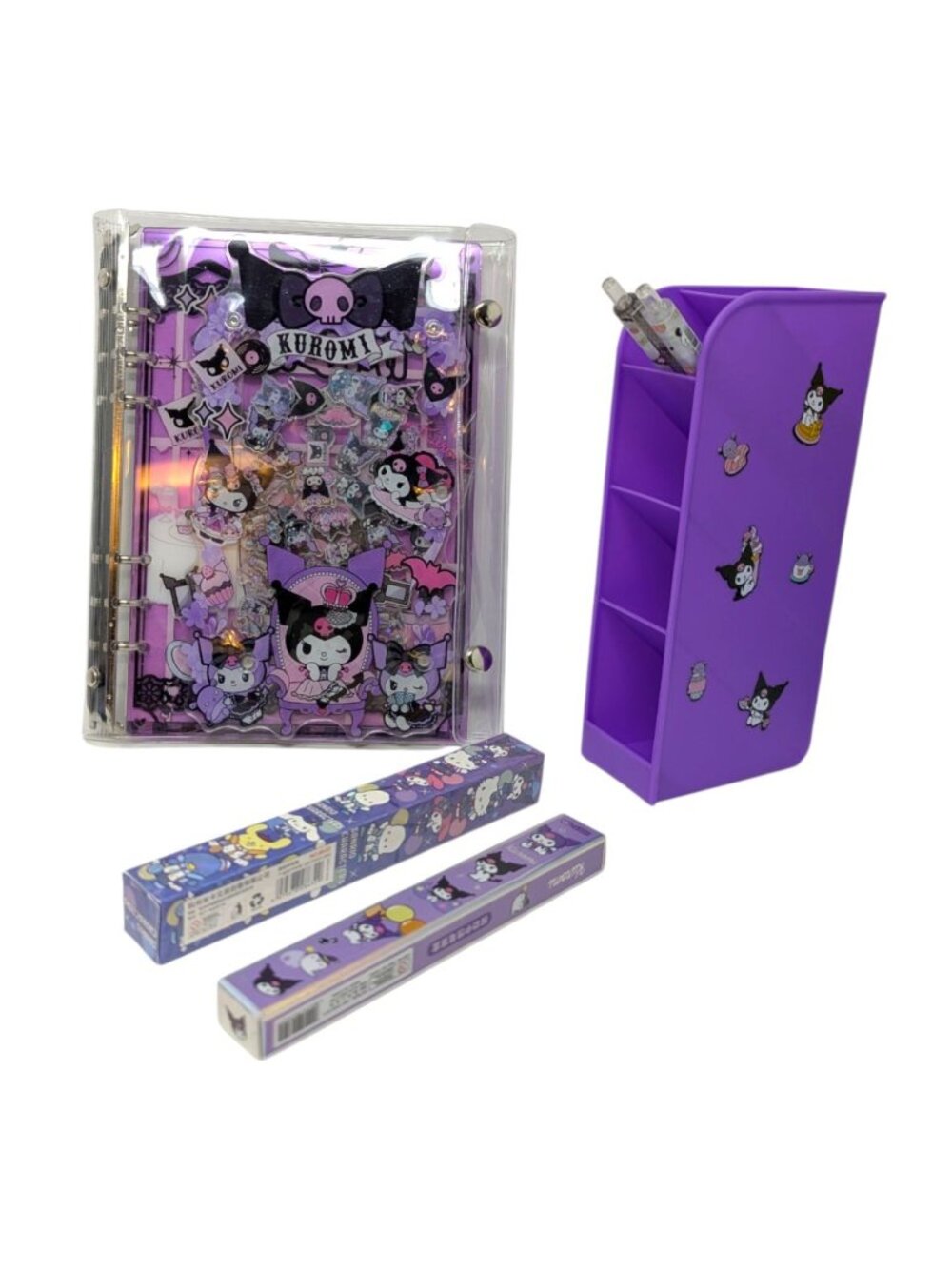Kuromi Purple Acrylic Shaker Binder Notebook 6-Ring 2 Blind Box Pens, Pen Holder